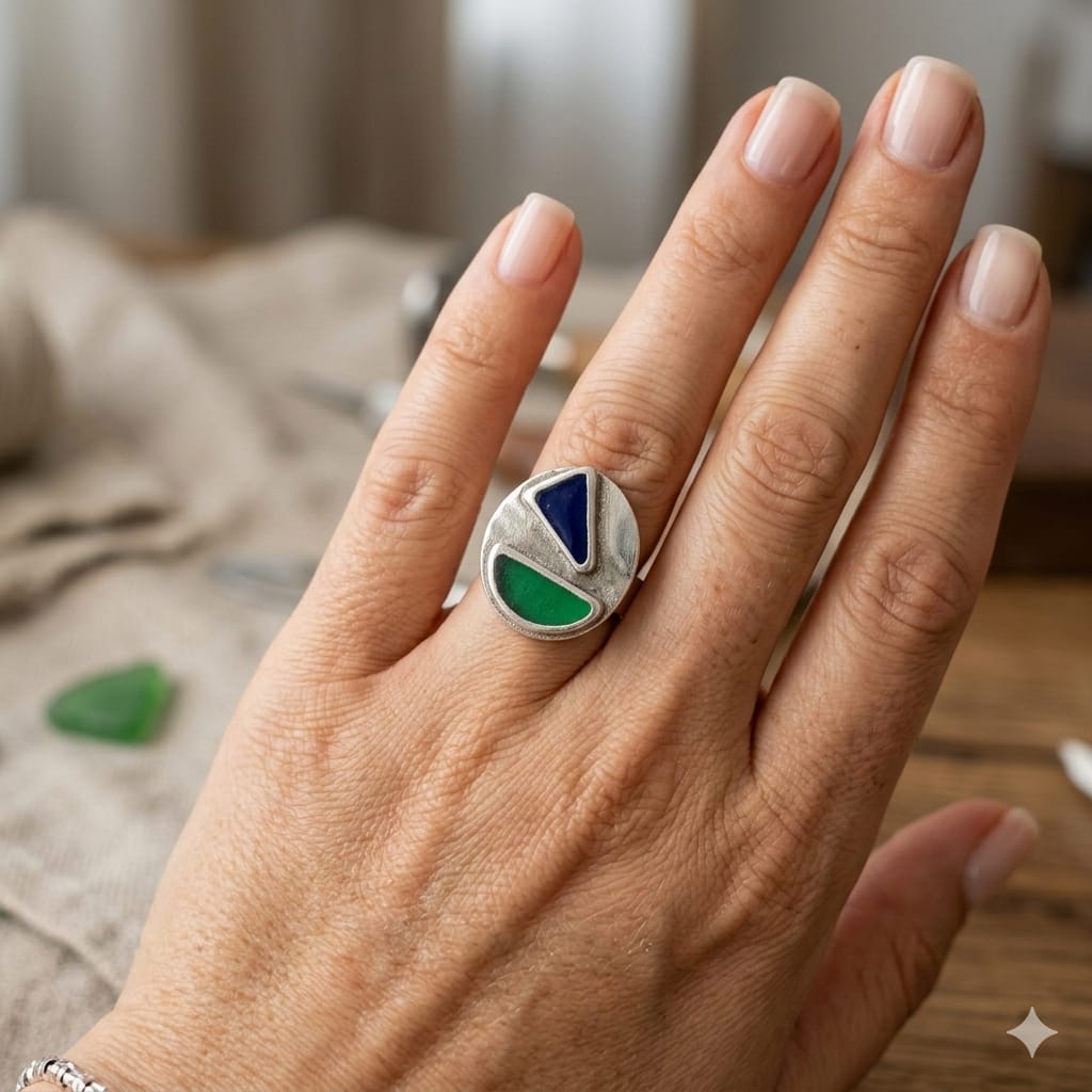 Damesring groen en blauw